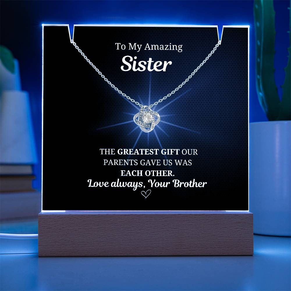 To My Sister Love Knot Necklace w. LED Keepsake Frame- From Brother