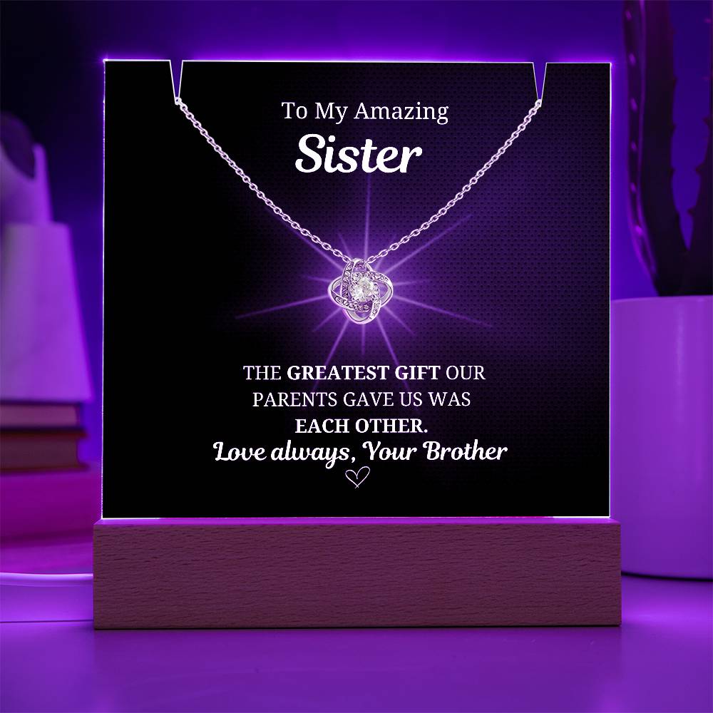 To My Sister Love Knot Necklace w. LED Keepsake Frame- From Brother