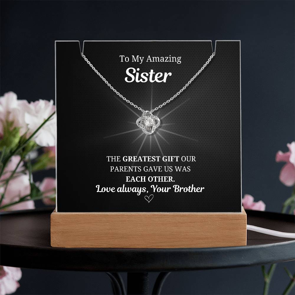 To My Sister Love Knot Necklace w. LED Keepsake Frame- From Brother