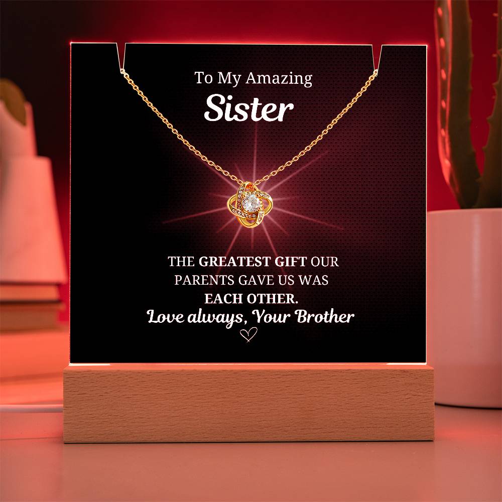 To My Sister Love Knot Necklace w. LED Keepsake Frame- From Brother