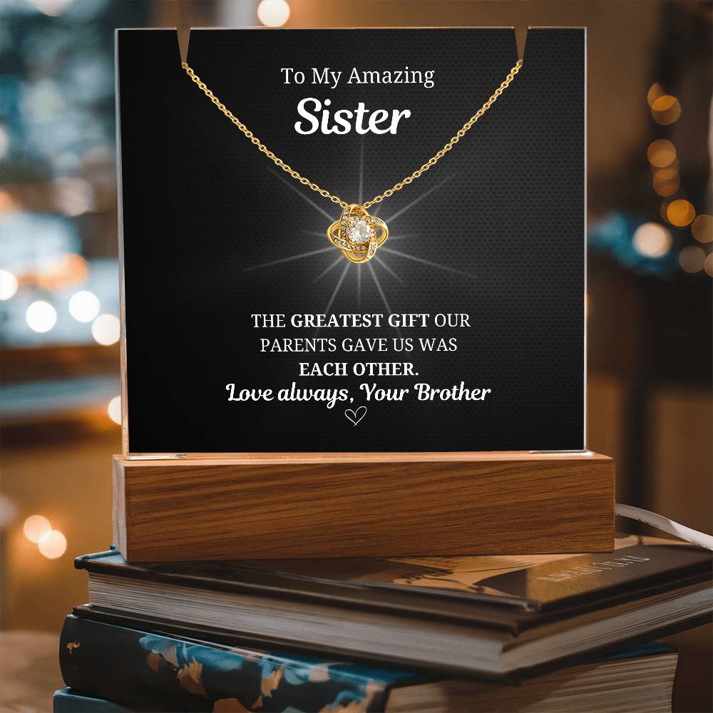 To My Sister Love Knot Necklace w. LED Keepsake Frame- From Brother