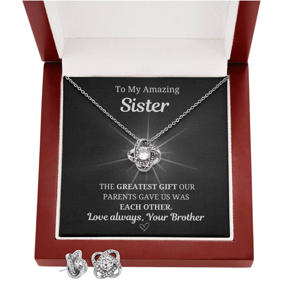 To My Sister Love Knot Necklace & Earring Set- From Brother