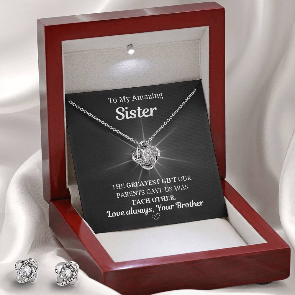 To My Sister Love Knot Necklace & Earring Set- From Brother