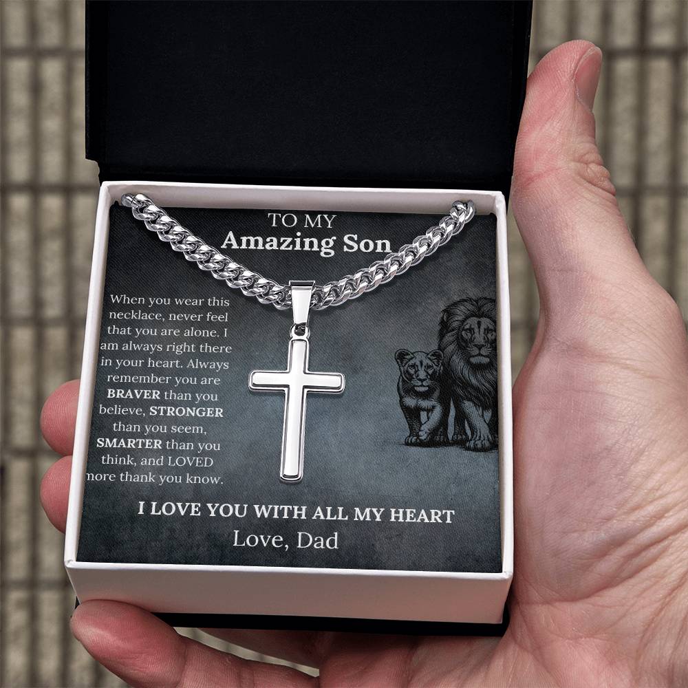 To My Amazing Son Cross Necklace, Love Dad