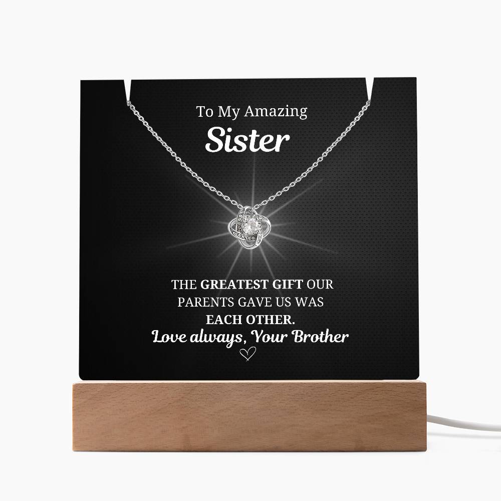 To My Sister Love Knot Necklace w. LED Keepsake Frame- From Brother