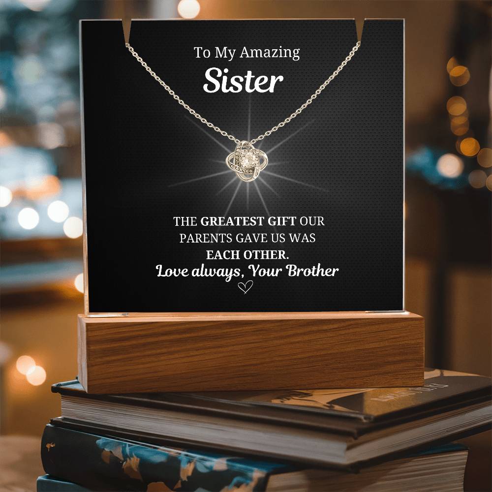 To My Sister Love Knot Necklace w. LED Keepsake Frame- From Brother