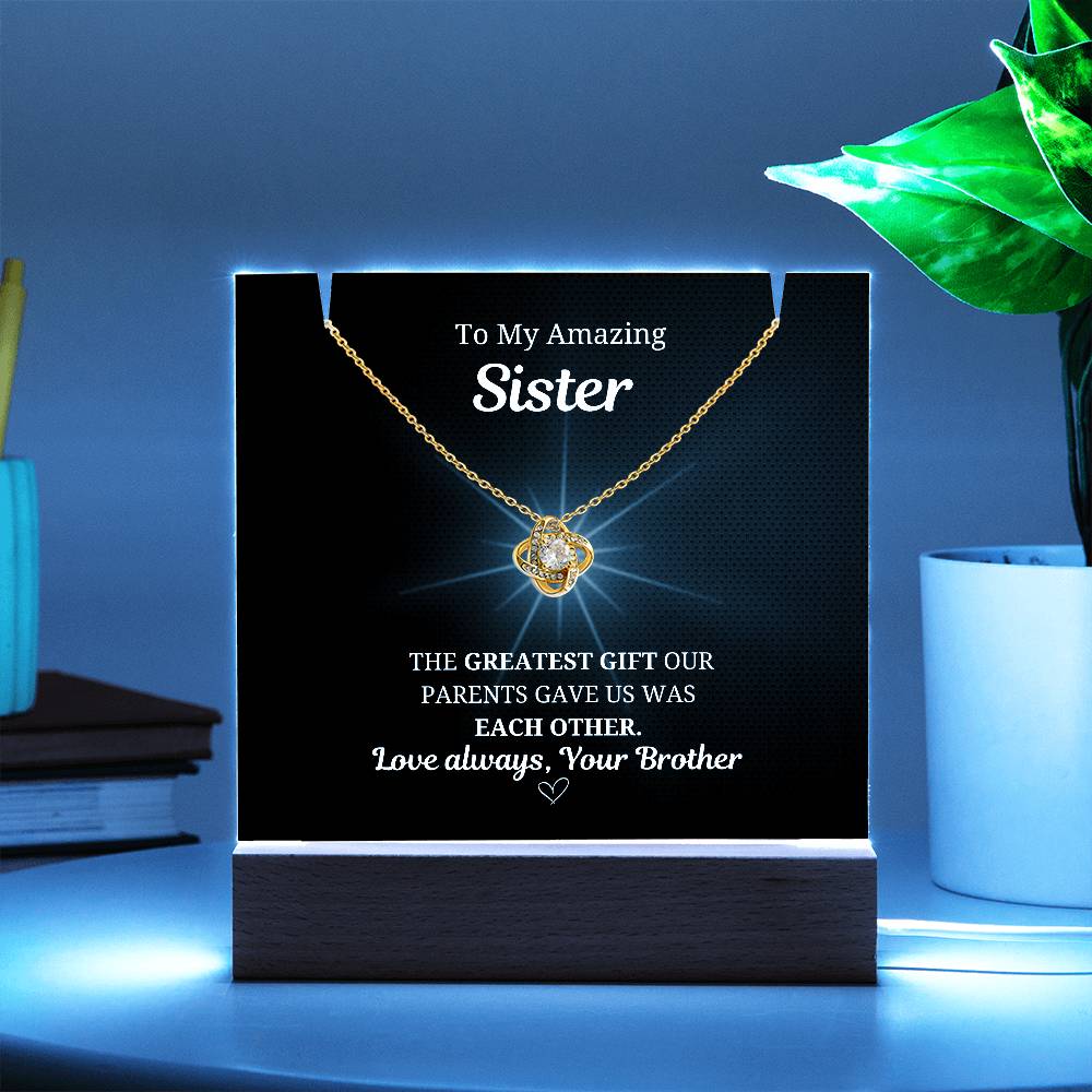 To My Sister Love Knot Necklace w. LED Keepsake Frame- From Brother