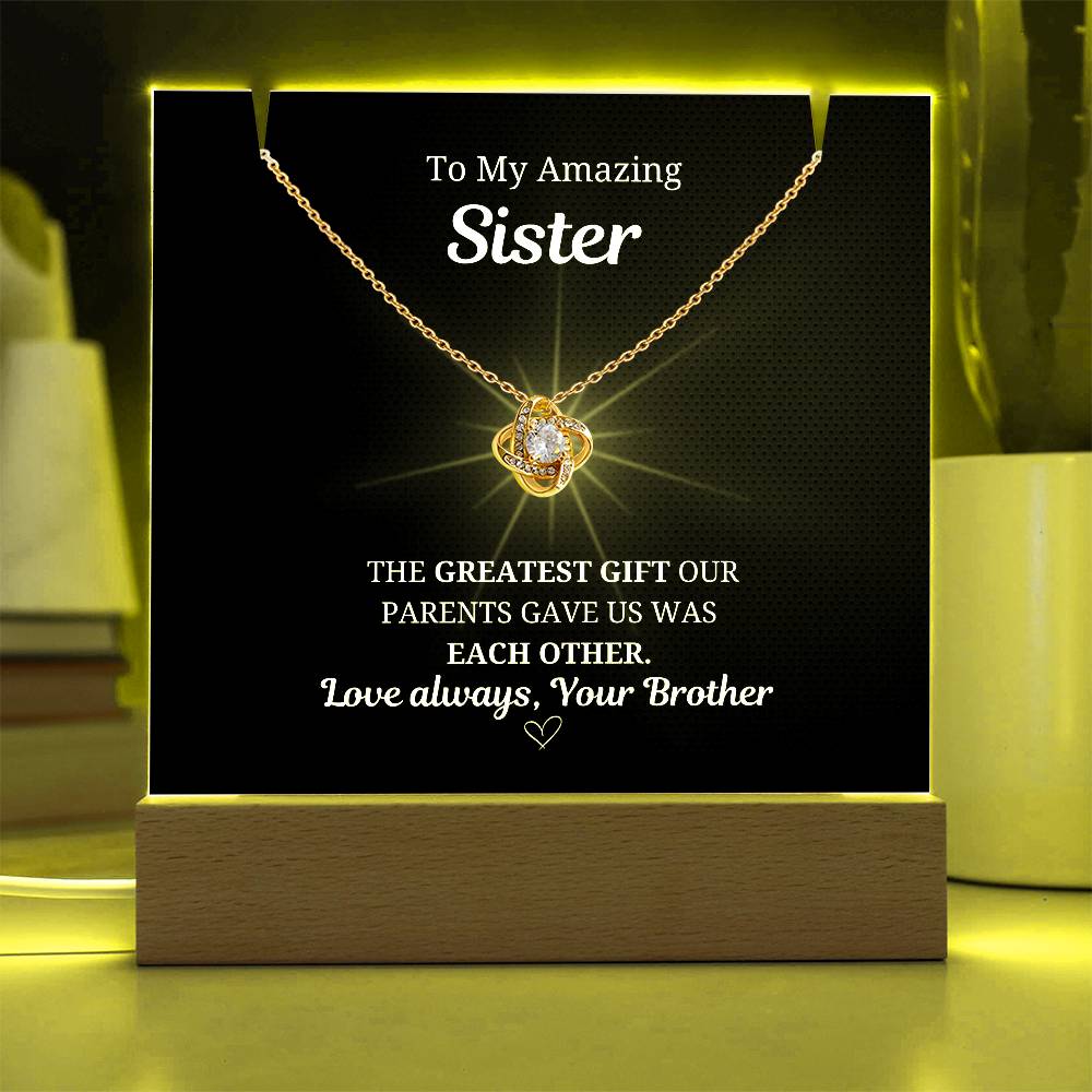 To My Sister Love Knot Necklace w. LED Keepsake Frame- From Brother