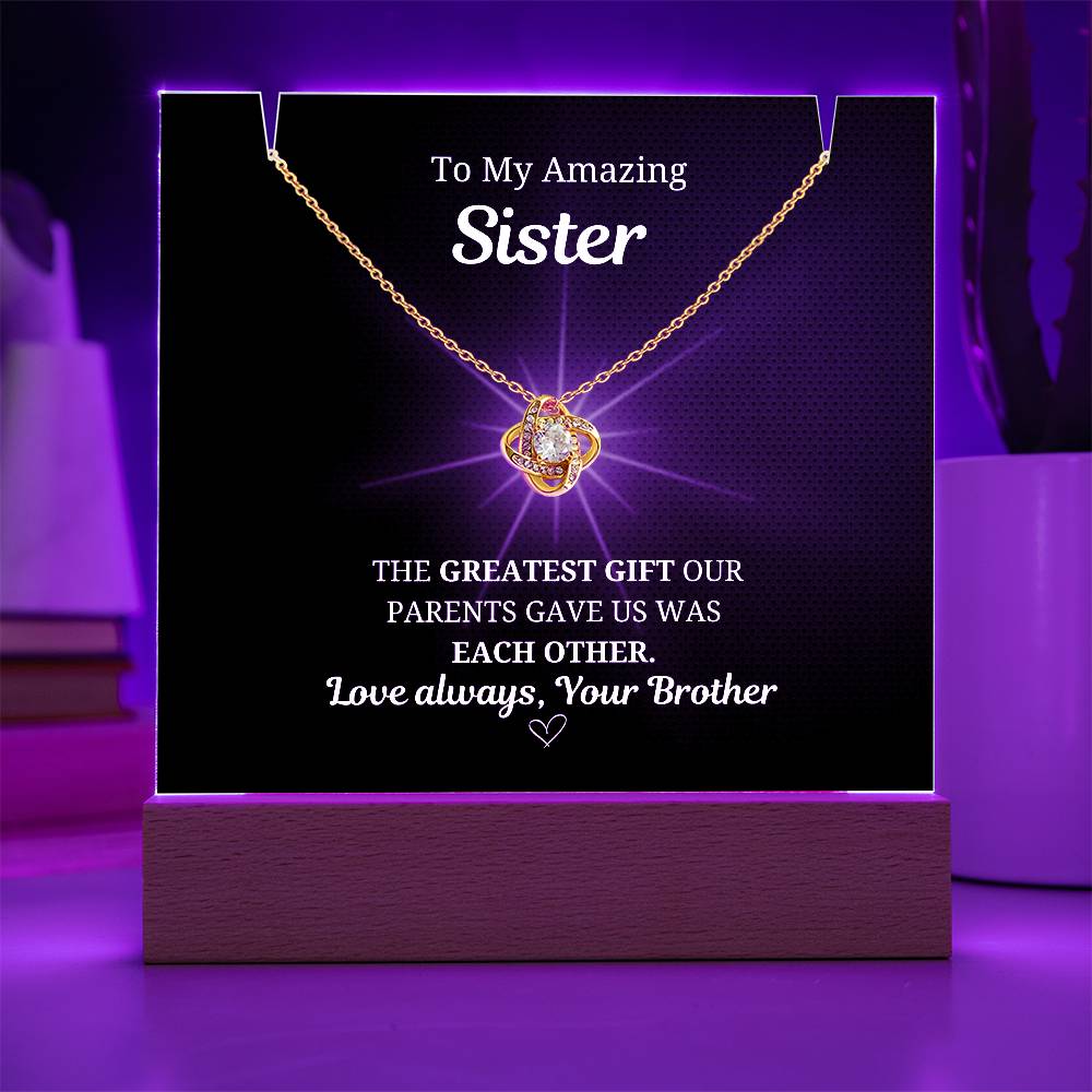 To My Sister Love Knot Necklace w. LED Keepsake Frame- From Brother